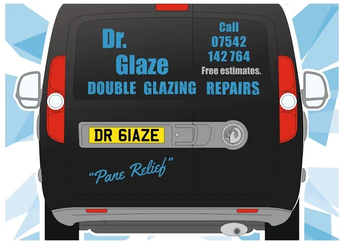 Dr. Glaze branded van signage reading Dr. Glaze, Double Glazing Repairs, Pane Relief
